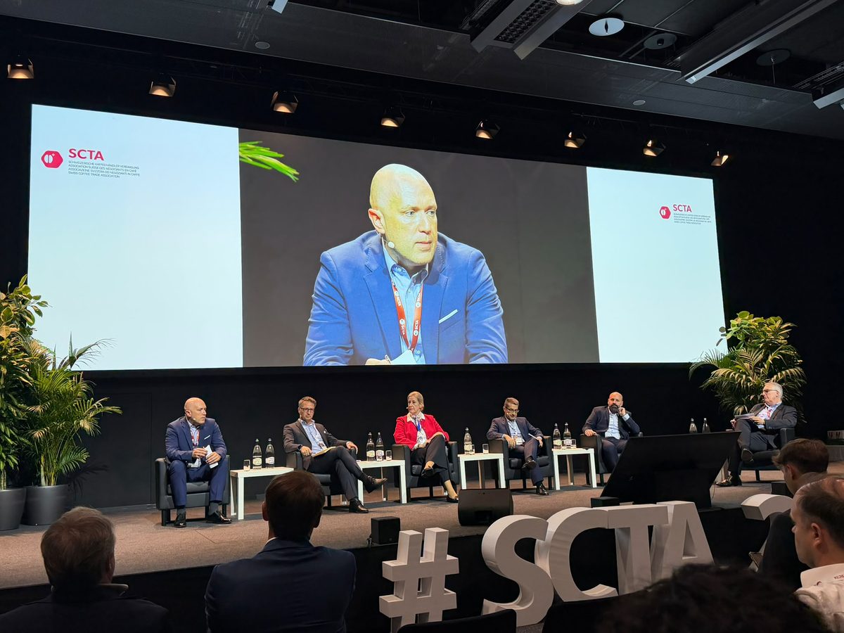 Panel 4 at the 17th SCTA Forum in Montreux, 2 October 2026 - Aleks Sidorecs on the screen and seated far left, with the other panellists and the moderator